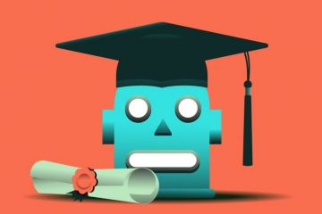 Robot illustration in a graduate hat and degree scroll