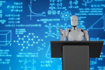 A robot delivers a virtual lecture