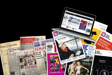 A montage of THE magazine covers over the years plus the THE website on a laptop screen. To illustrate the end of the print format for THE magazine and the move to digital.