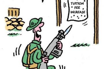 Cartoon illustrating that a tuition fee increase is very unpopular among the public
