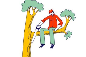 A man cuts off the tree branch he is sitting on, illustrating unintended consequences