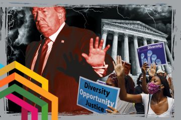 Montage of Donald Trump, people holding placards for diversity and the Supreme Court in the US. To illustrate attacks on diversity