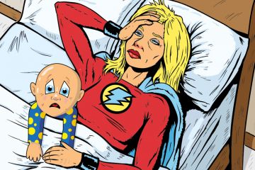 Illustration of woman in bed wearing superhero outfit with a baby looking stressed