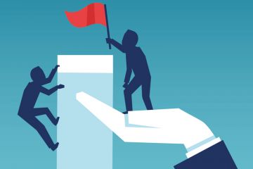 Illustration person lifting a flag standing on a hand with another person climbing up to illustrate Granting accommodations is a disservice to employers