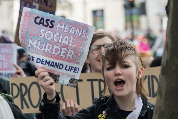 Transgender people and their supporters march through central London in a protest against a ban on puberty blockers in London, United Kingdom to illustrate Anger over UCU’s ‘anti-scientific’ fight against Cass Review