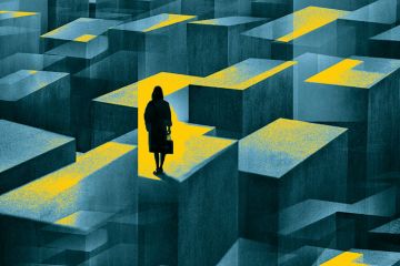 concept image of a woman standing in a maze of large confusing blocks.
