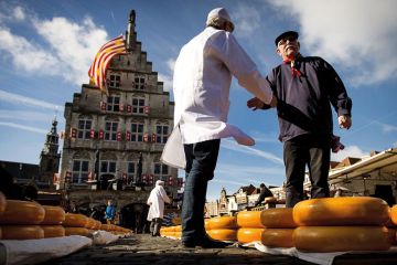 Shaking hands with a Cheesemaker at a market at the opening of the Dutch Cheese season in Goudato illustrate UK universities near Elsevier deal after publisher drops price