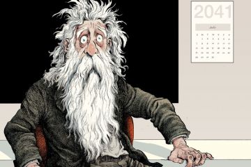 Illustration of Professor Van Winkle wakes up with 2041 calendar on the wall as described in the story.