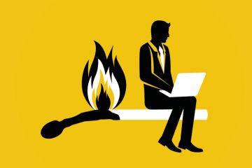 Illustration of a man sitting on a match stick with a laptop.