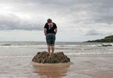 Someone stands on a beach in a small flood defence