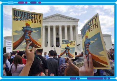 People holding placards stating "Diversity is Strength" outside the US Supreme Court, Washington DC