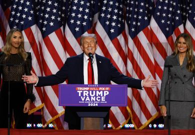 Republican presidential nominee, former U.S. President Donald Trump speaks during an election night event at the Palm Beach Convention Center on November 06, 2024 in West Palm Beach, Florida