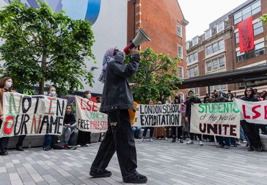 Students from the London School of Economics (LSE) Student Union Palestine Society hold a rally to launch a divestment report on 14th May 2024 in London, UK. The students later occupied the ground floor of the Marshall Building of the LSE.