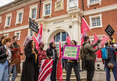 Security Officers and supporters at Goldsmiths College in South London marched through the campus to illustrate Goldsmiths under siege: can a once-radical university survive?