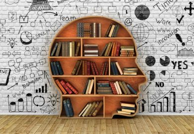 Human head-shaped bookshelf stacked with books