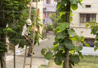 Kolkata electricity supply worker doing maintenance work on overhead electric cable