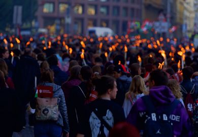 Crowd marching from Budapest University of Technology and Economics to the memorial park in honor of the Hungarian uprising against the USSR on October 23.