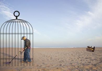 Man with a metal detector in a cage