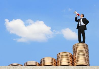 A man with a megaphone at the top of steps of coins, symbolising student loans