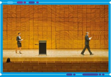 Man leaving stage whilst a woman walks towards lecturn. To illustrate  leadership churn in higher education