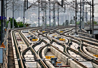 Pune, Maharashtra, India-March 6th, 2022 Complex metro train switching layout for shifting of train from one track to another