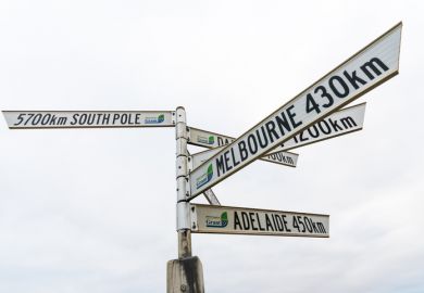 Sign at South Australia’s southernmost point, Port Macdonnell, showing the distances to various cities and the South Pole 