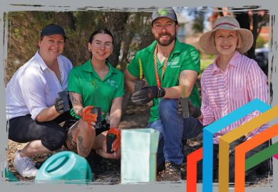 staff and students at Charles Sturt University planting trees as part of their push for sustainability