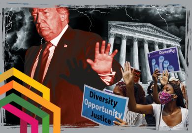 Montage of Donald Trump, people holding placards for diversity and the Supreme Court in the US. To illustrate attacks on diversity