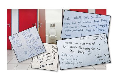 A toilet with a  montage of different graffiti writing over the image to illustrate Loo graffiti offers campus solace
