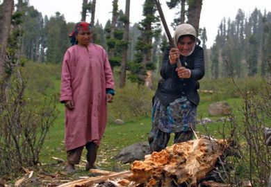 Kashmiri women chop wood with an axe in Doodhpathri Valley, India to illustrate India makes cuts to higher education budget as focus turns to skills