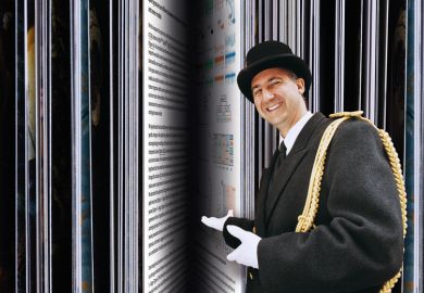Montage of a closeup of the edge of open book pages with a person smiling gesturing towards it to illustrate Peer reviewers: chill out and don’t let the power  go to your head