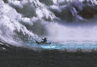 Illustration of a man rowing a boat in a stormy sea with rogue waves to illustrate Off-brand  enterprises