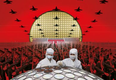 Montage of Chinese honour guards rehearse for the National Day parade in Beijing with two researchers in front and planes in the sky to illustrate ‘Chip wars’: can Asian universities fix tech skills shortage?