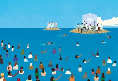 Illustration of people in the sea looking out at scientists on islands around display cabinets to illustrate Will the funding crisis confine UK research to elite universities?