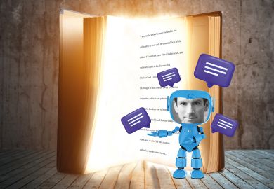 Concept image of John Haag inside a robot and speech bubbles and an open book behind him to illustrate Why I turned myself into an AI chatbot