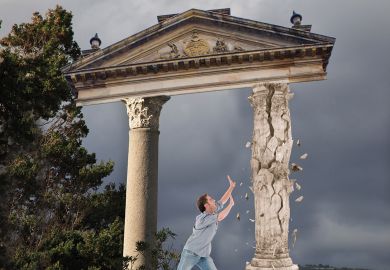 column collapses man with hands outreached to illustrate Getting rid of the REF would jeopardise the UK’s dual research funding