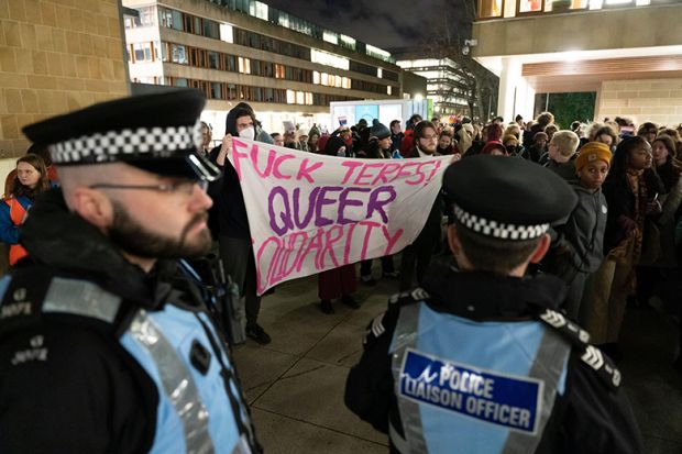 Edinburgh, Scotland, UK. 22 November, 2023. Pro Trans demonstrators stage a protest outside venue of the screening of the film Adult Human Female at Edinburgh University tonight amid a heavy police and security presence. 