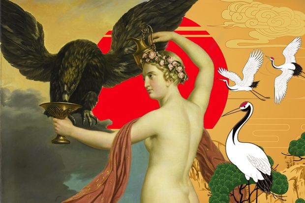 Montage of a painting of Hebe with Jupiter in the Guise of an Eagle, and Asian landscape with cranes. To illustrate that despite Asia’s success elsewhere, its leading universities struggle to compete globally in arts and humanities