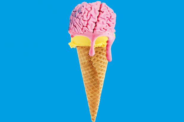 Ice cream cone with a melting brain dripping concept to illustrate Summertime, and the  learning is  breezy