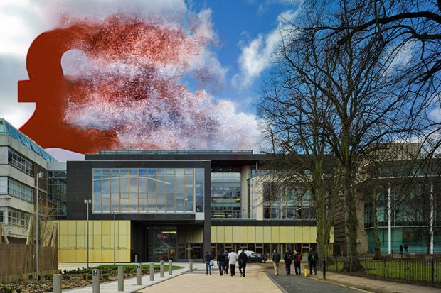 Montage of University of Bedfordshire campus and disintegrating sterling symbol in the clouds. To illustrate the fall of cash generation in the UK sector.