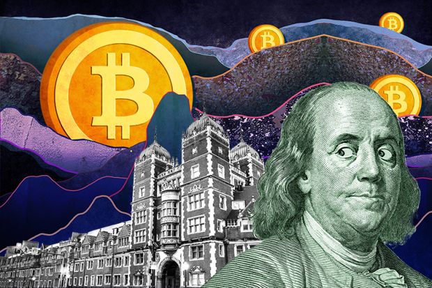 Montage of fluctuating bitcoin, University of Pennsylvania and Benjamin Franklin. To illustrate whether universities should accept donations in cryptocurrencies.