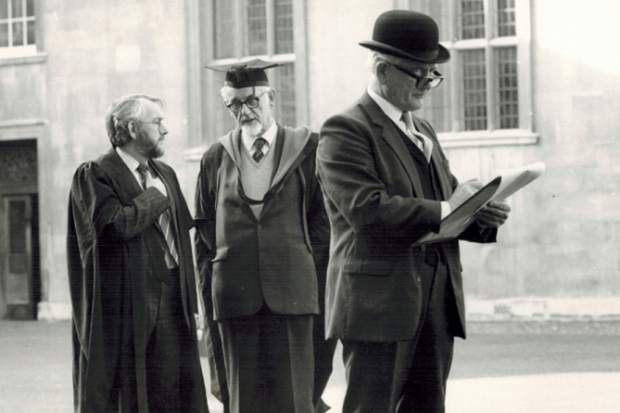 Alan Baker with Emmanuel College praelector and head porter in 1983