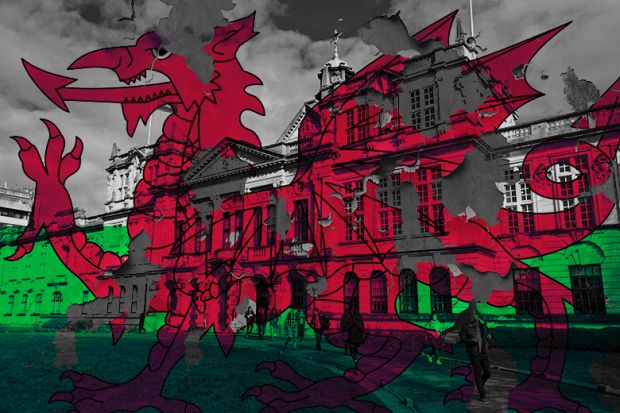 Cardiff University with a damaged flag of Wales overlaid over it. Illustrating the effect cuts at the university will have across higher education in Wales