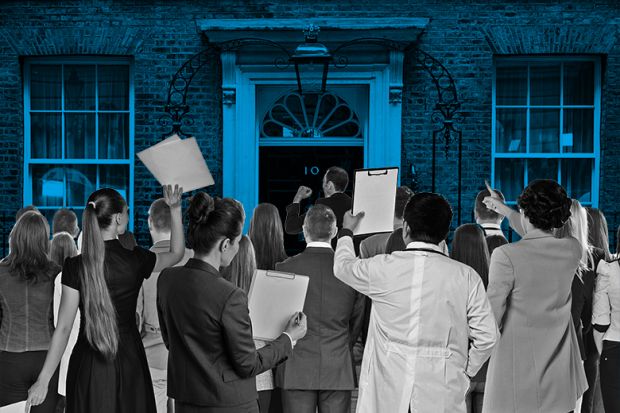 crowd outside 10 Downing Street waving papers. To illustrate how universities can try to gain access to government through policy institutes.