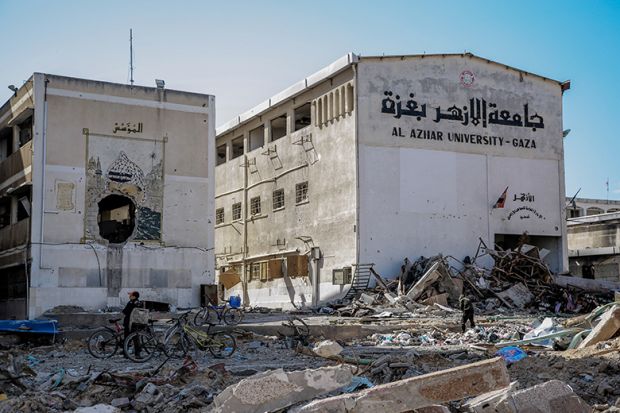 A picture taken on February 15, 2024 shows the heavily damaged building of Al-Azhar University in Gaza City, amid the continuing war between Israel and the Palestinian Hamas movement