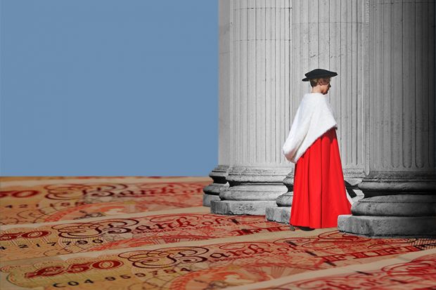 Montage of Professor Deborah Prentice, Vice-Chancellor of the University of Cambridge, as she processes ceremonially into Senate House, on a floor made of cash. To illustrate vice-chancellor pay.