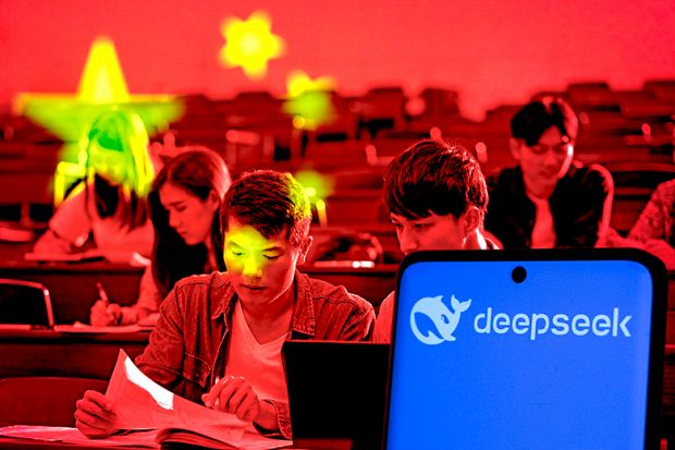 Montage of phone showing the DeepSeek logo, Chinese students and Chinese flag.