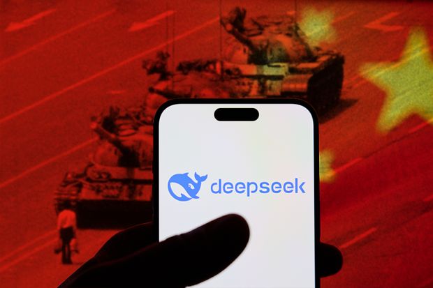 Montage of phone with DeepSeek logo and Chinese flag with Tiananmen square tanks in background, illustrating concerns over "censorship" within the AI chatbot.