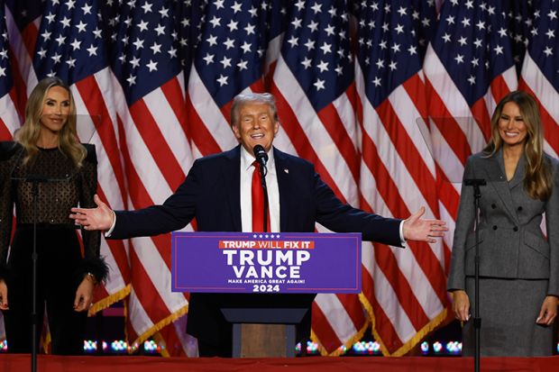 Republican presidential nominee, former U.S. President Donald Trump speaks during an election night event at the Palm Beach Convention Center on November 06, 2024 in West Palm Beach, Florida