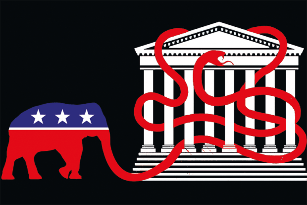 Illustration: an elephant winds its trunk around and through a Capitol building